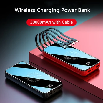 10000/20000mAh Power Bank Qi Безжично Зарядно За iPhone 12 Samsung S20 Xiaomi Powerbank Вграден Кабел Огледален Екран Повербанк