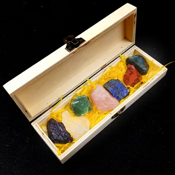 7 Чакри Груб Камък Дървена Кутия Набор от Естествен Кристал е Енергия на Изцеление Проба Колекция от Скъпоценни Камъни кутия модул за Обучение Украшение