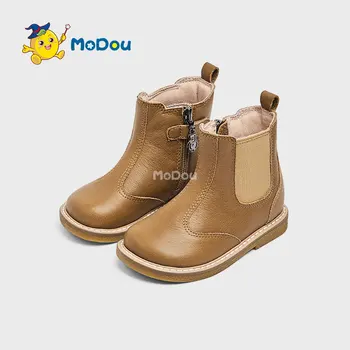 Mo Dou/ Нови детски обувки от естествена кожа в стил ретро с цип с високо берцем, Нескользящая Мека подметка, Удобни обувки, с една плюшена подплата За момичета