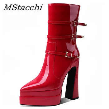 MStacchi/модни дамски обувки до средата на прасците с високи токчета, есенни Ежедневни обувки с остри пръсти, Bckle Ephesus Feminina, Чубрица Къси ботуши на платформа и цип
