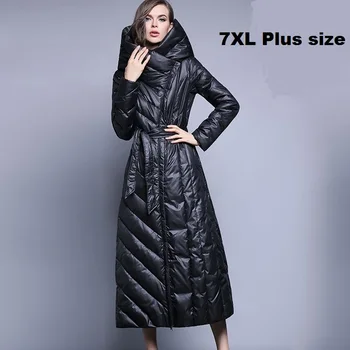 XS-7XL модно палто на 90% утином топола, модерно брендовое дълго пуховое палто с качулка, дамско дълго палто над коляното, коварен гъст топло палто wj1304