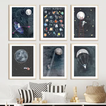 Космически Азбука Астронавт Galaxy Ракета Планета Стенно Изкуство Платно Картина Плакати на Скандинавскую Тема И Щампи Стенни Пана Декор на Детска Стая
