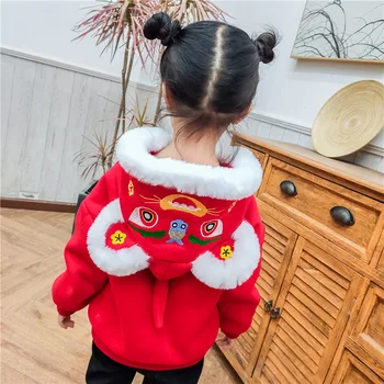 Нова година детски Сгъсти костюм Червен Цвят с Бродерия в Китайски Стил с Изображение на Тигър, Зимни Пролетно Облекло за Момичета И Момчета, Пуловер