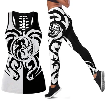 Нови дамски стегнати панталони за йога, Черни и бели Гамаши с 3D принтом под формата на Татуировки на Дракон и отворена майкой, Модерни ежедневни Гамаши
