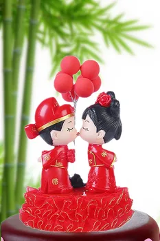 традиционен китайски стил на булката и младоженеца, topper за сватбената торта, червена двойка с балони, фигурки за торта, подаръци, сувенири, парти