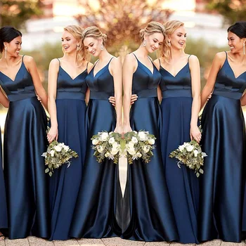 Тъмно сини Рокли на Шаферките, дълги Рокли Трапецовидна форма 2022, Атласное Сватбената Рокля на тънки спагети презрамки За Шаферките, групово рокля за сватба